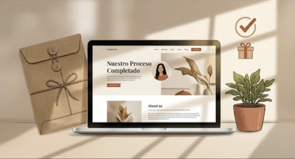 pagina web en computadora junto a sobre y planta