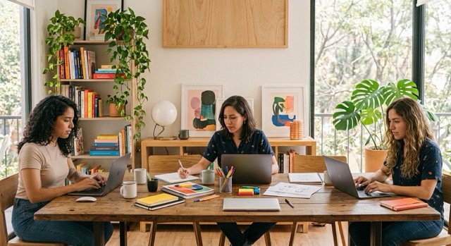 tres mujeres en estudio creativo trabajando en computadoras
